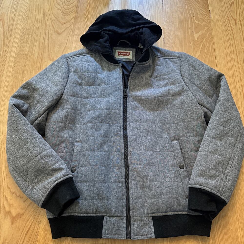 Levis Mens Heather Gray Quilted Full Zip‎ Hooded Jacket Size M